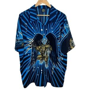 R2 Randy River Y2K Graphic Shirt XL Demon Angel Anime Vibe Button Up Blue NWOT